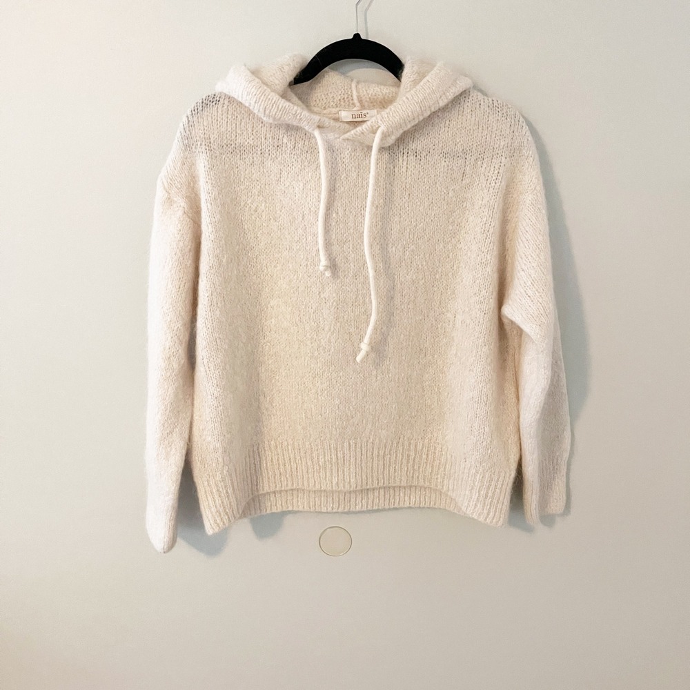 Nais Italy Mohair Wool Blend Knit Hoodie Sweater Cream Off‎ White ART 11031 OS